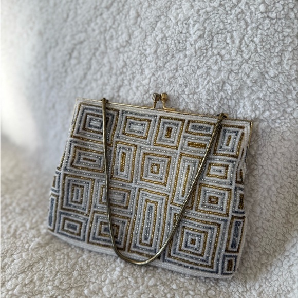 Vintage Walborg Gold & White Beaded Geometric Evening Bag Clutch - Picture 2 of 7